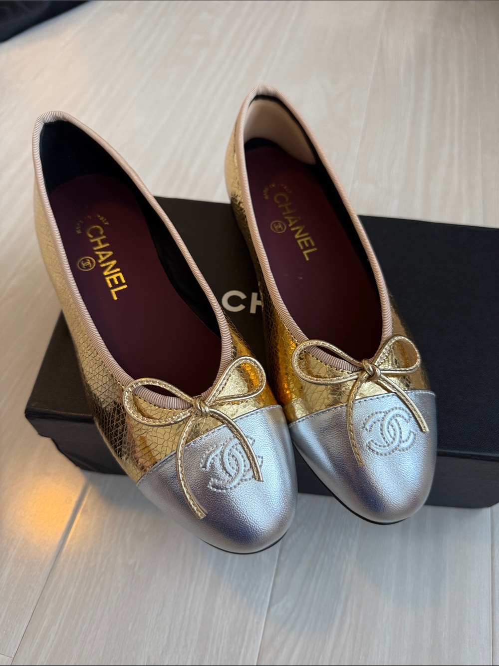 CHANEL Gold and Silver Metallic Cap-Toe Ballet Flats